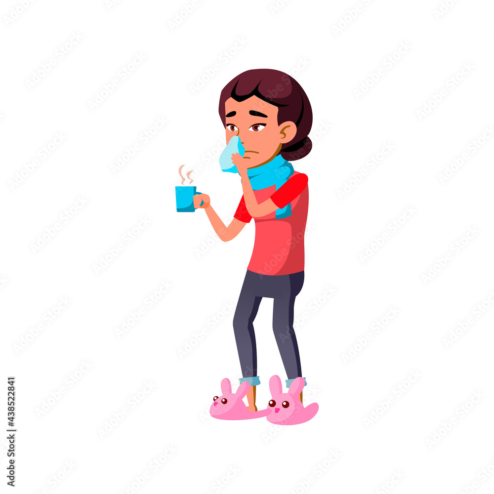 runny nose disease girl holding hot tea cup cartoon vector. runny nose disease girl holding hot tea cup character. isolated flat cartoon illustration runny nose disease girl holding hot tea cup cartoon vector. runny nose disease girl holding hot tea cup character. isolated flat cartoon illustration