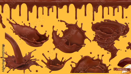 Hot cocoa, drinking chocolate. Splashes and seamless pattern. 3d vector realistic set