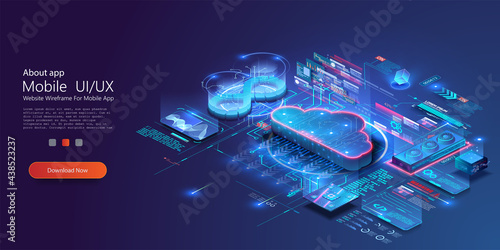 Isometric modern cloud technology and networking concept. Digital service, app with data transfering. Computing technology. Devices connected to digital storage in data center via internet. Web cloud