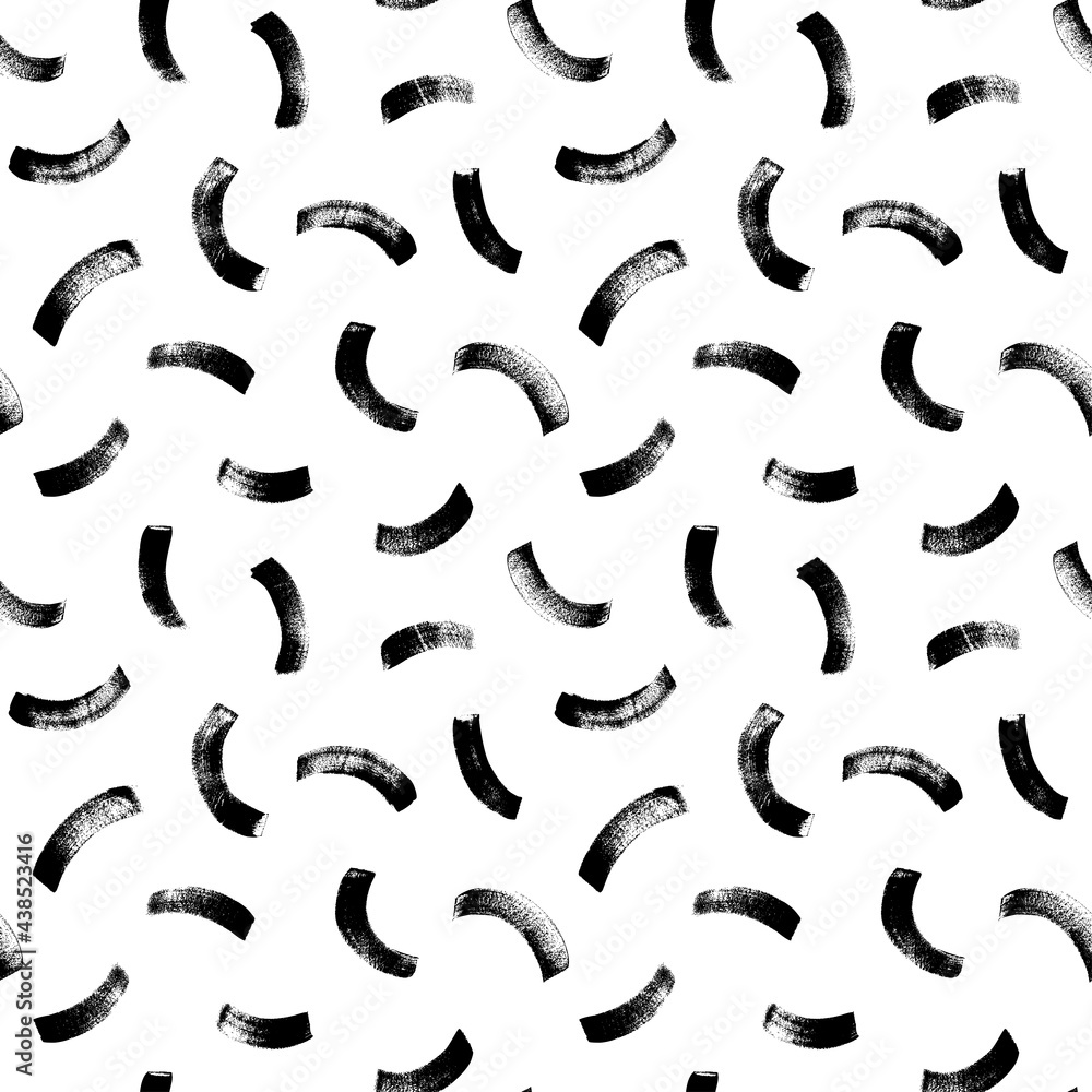 Curved brush strokes vector seamless pattern. Black paint freehand scribbles, wavy lines, dry brush stroke texture. Chaotic rough smears. Monochrome mosaic texture. Hand drawn grunge rounded shapes.