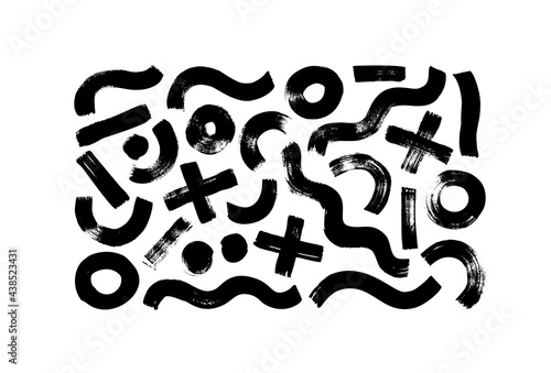Geometric vector hand drawn brush strokes. Grunge elements in Memphis style. Black rush stroke circles, crosses, waves and lines. Hand drawn ink illustration. Hipster black paint geometric background.
