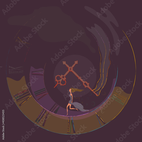 girl running in a clock, through time, abstraction