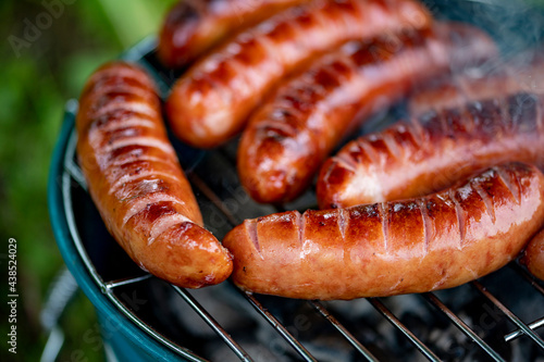 Tasty grilled sausage. Baked crust of delicacies on a homemade grill.