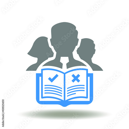 Book with check mark, cross and business people group vector illustration. Know the rules symbol. Regulations document icon.