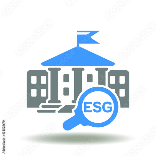 Building administration with magnifying glass and ESG abbreviation vector illustration. Environmental Social Governance Symbol. Controlling pollution organization icon.