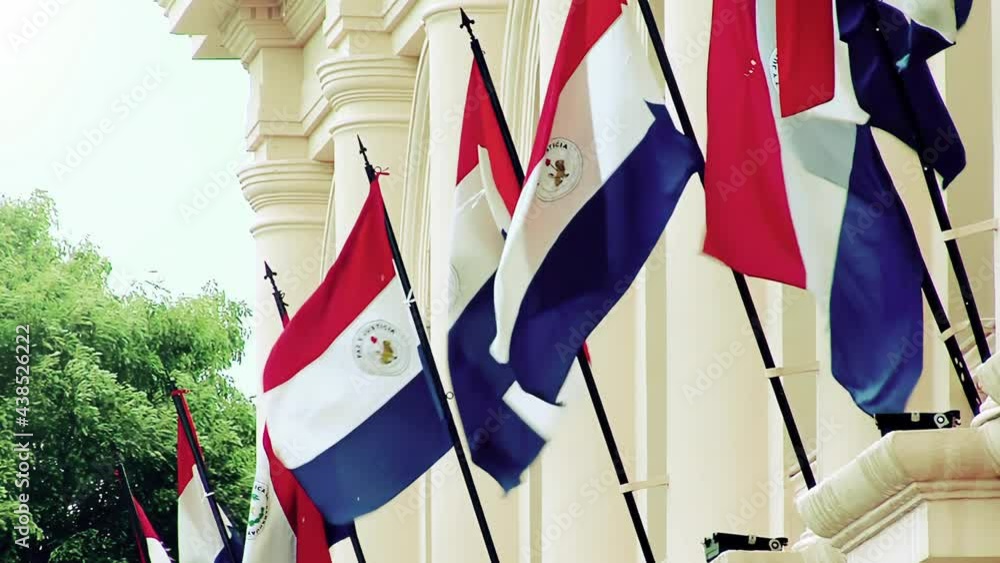 Flags of Paraguay at the Town Council Building (Cabildo) in Asuncion, Paraguay. 4K Resolution.