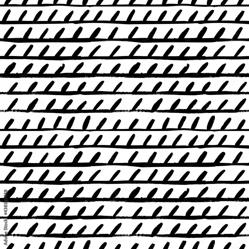 Straight lines and dashes vector seamless pattern. Black brush strokes, abstract texture. Grunge doodle geometric pattern, hand drawn tribal background. Horizontal brush strokes ink illustration