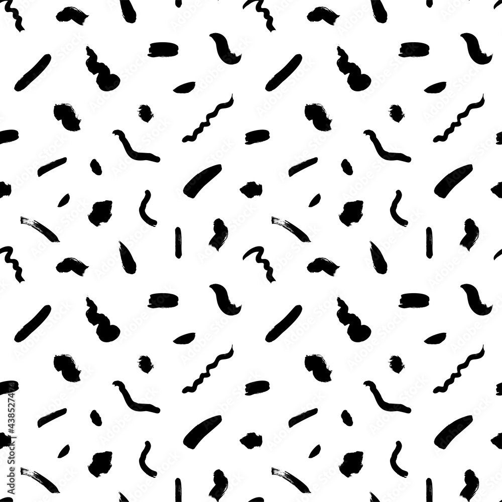 Geometric vector seamless pattern in Memphis style. Grunge brush stroke, rough dots, dashes and lines. Hand drawn organic ink illustration. Hipster black paint geometric background. 