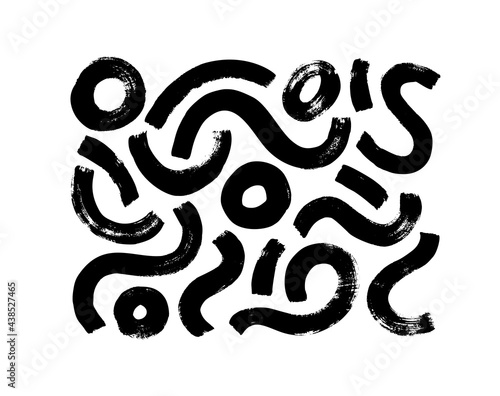 Black paint dry brush strokes vector illustrations set. Abstract monochrome acrylic swirl smudges, wavy lines and circles isolated on white background. Black ink textured lines and hand drawn daubs 