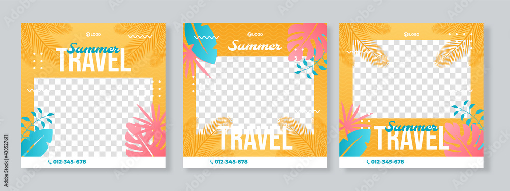 Set of three summer travel social media pack template premium vector