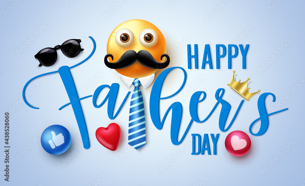 Happy father's day vector banner design. Happy father's day 3d text greeting with father smiley emoji and elements like crown and heart button for celebration message. Vector illustration
