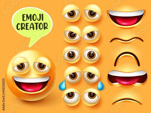 Emoji creator vector smiley set. Emoticon 3d character in facial expressions of happy, sad and angry with editable eyes and mouth elements for emojis emotion design. Vector illustration
