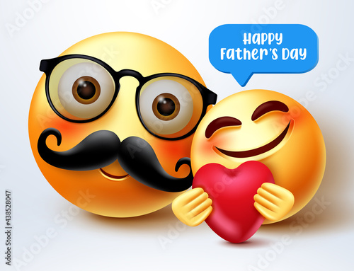 Father's day smileys greeting vector design. Happy father's day text with 3d father and children smiley characters for parents celebration greeting emoji design. Vector illustration

