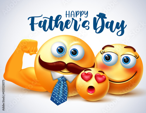 Father's day smileys vector banner design. Happy father's day text with emoji 3d father, mother and child family characters for parents day celebration. Vector illustration
