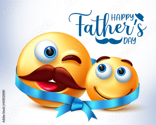 Smiley father's day vector design. Happy father's day text with emoji 3d father and child characters tied in ribbon for family parents day celebration design. Vector illustration
