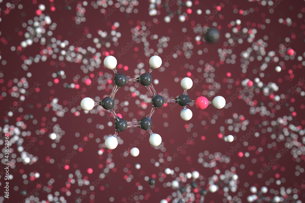 Benzyl alcohol molecule. Conceptual molecular model. Chemical 3d rendering Benzyl alcohol molecule. Conceptual molecular model. Chemical 3d rendering