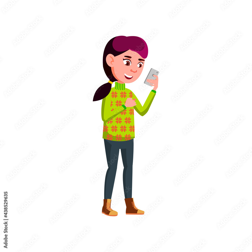 happy girl reading message on smartphone cartoon vector. happy girl reading message on smartphone character. isolated flat cartoon illustration