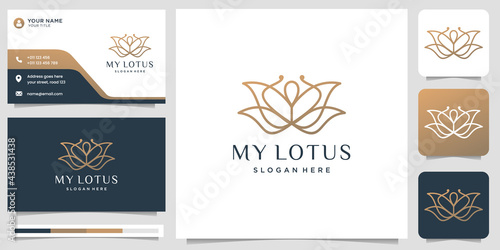 Luxury lotus logo line style. Flower rose design, beauty spa, fashion, line art monogram shape. golden logo design, icon and business card template. Premium vector