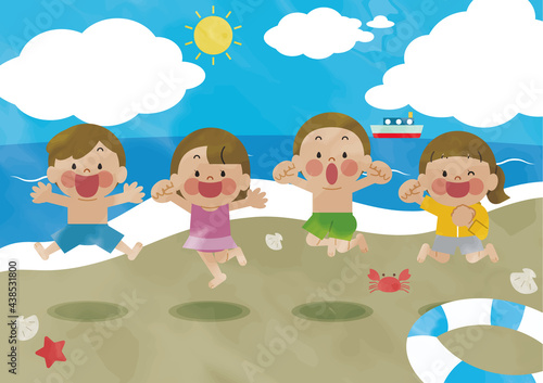 海辺で水着でジャンプする小学生の子供たち © 馬上 雄規 