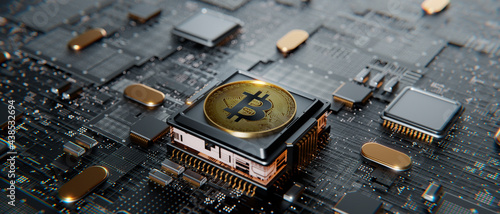 Bitcoin over a microprocessor in a motherboard.  With copy space and selective focusing. 3d render banner illustration.  photo