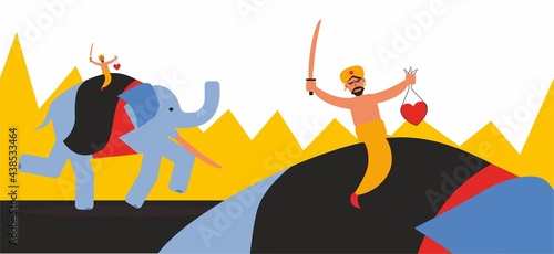 Elephant running with rider vector illustration. Brave warrior and animal. Sword and heart in man hands. Cartoon asian characters. Travel and journey concept. Man in traditional clothes.