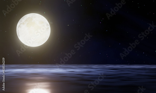 The blue full moon is reflected in the sea. A wave of water from the ocean to island. The sky has many stars. Ripples on the sea at night. 3D Rendering