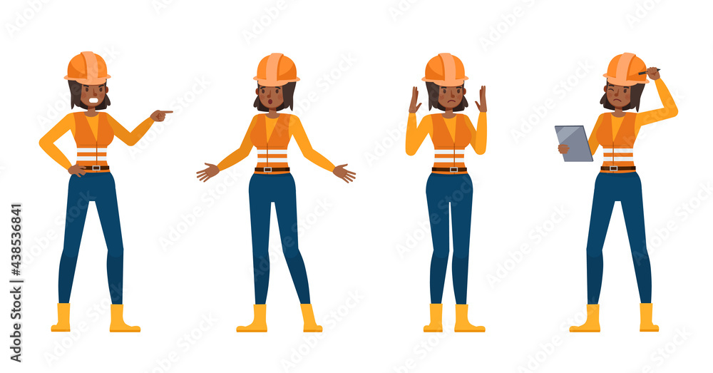 Set of Builder woman working character vector design. Presentation in various action with emotions. Set of Builder woman working character vector design. Presentation in various action with emotions.