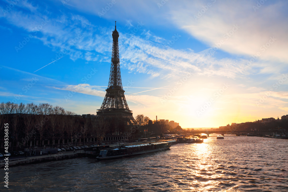 Eiffel Tower and Seine river in the Twilight . Sunset over the Paris 
