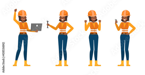 Set of Builder woman working character vector design. Presentation in various action with emotions.