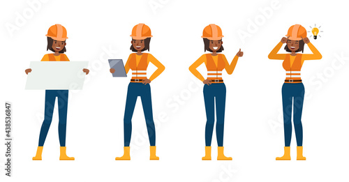 Set of Builder woman working character vector design. Presentation in various action with emotions.