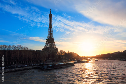 Eiffel Tower and Seine river in the Twilight . Sunset over the Paris 