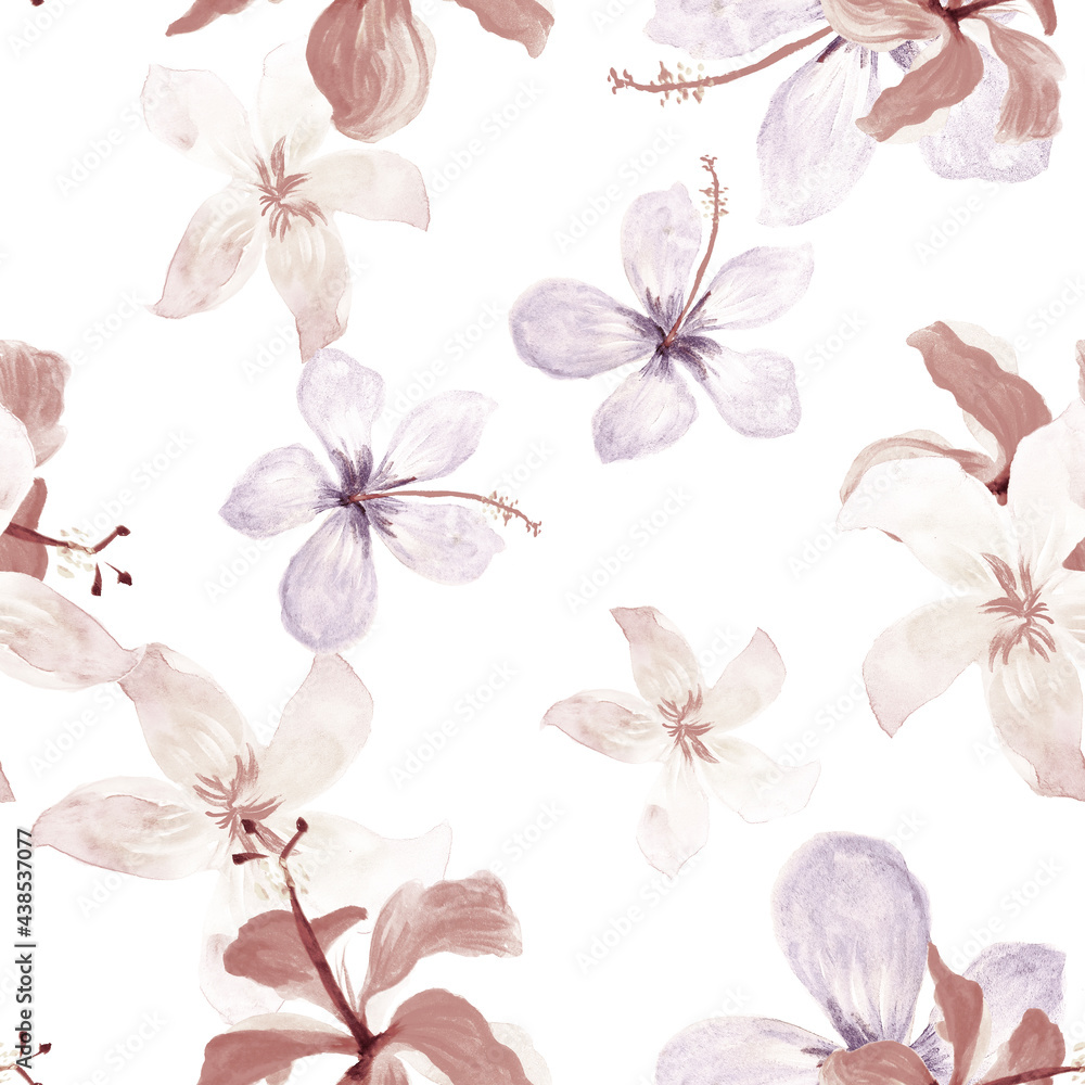 White Tropical Hibiscus. Gray Seamless Design. Azure Pattern Botanical. Blue Flower Textile. Brown Spring Exotic. Flora Vintage. Decoration Texture. Flora Textile.