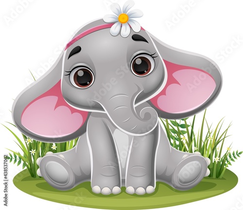 Cartoon baby elephant sitting in the grass