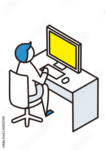 デスクトップPCを操作する人のアイソメトリック図　