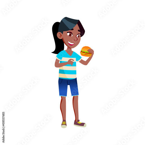 african girl eating cheeseburger in fast food cafe cartoon vector. african girl eating cheeseburger in fast food cafe character. isolated flat cartoon illustration