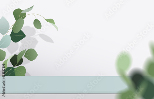 Abstract minimal scene. table top in white background with green leaves. product presentation, mock up, show cosmetic product display, Podium, stage pedestal or platform. 3d vector