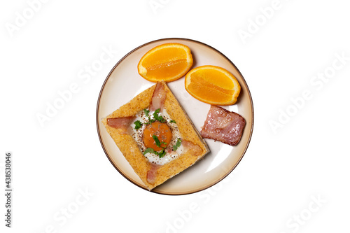 Modern breakfast, toasted bread, eggs, bacon, orange on isolated white background. Good healthy food. Top view.