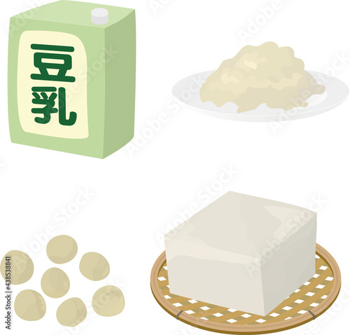 Vector illustration of tofu, soybeans, soy milk, and okara.