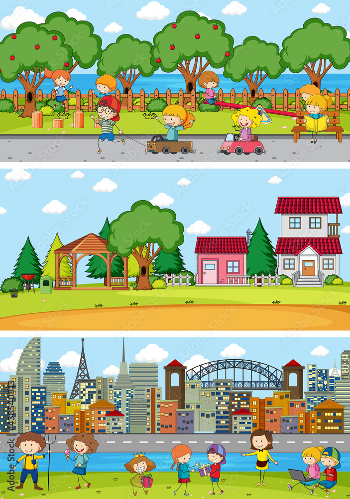 Set of different horizon scenes background with doodle kids cartoon character