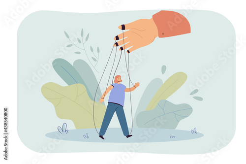 Hand holding girl on strings flat vector illustration. Woman acting against her will. Manipulation, puppet, stooge concept for banner, website design or landing web page