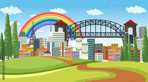 Nature landscape scene with many bulding in the city background