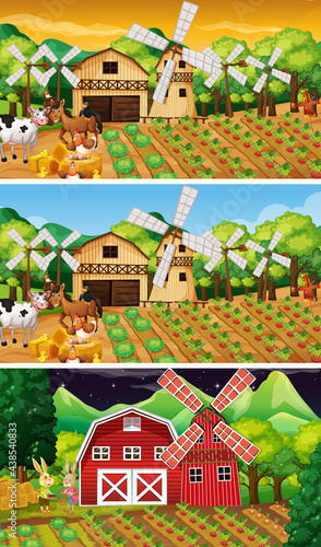 Different farm scenes with old farmer and animal cartoon character