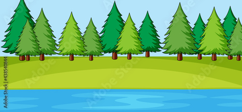 Empty park landscape scene with many trees and river