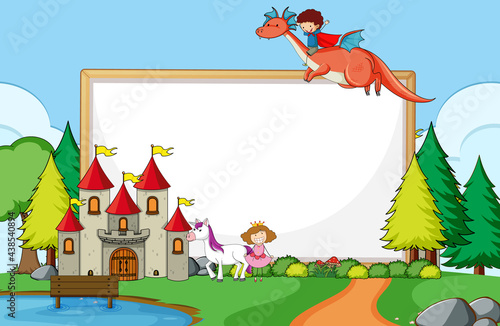 Fantasy park scene with blank banner