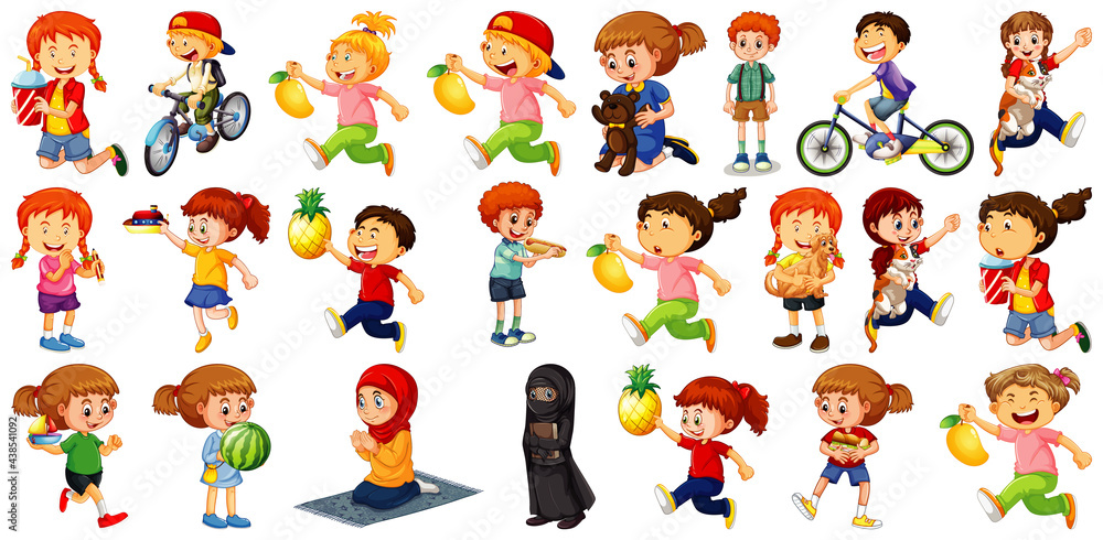Fototapeta premium Children doing different activities cartoon character set on white background