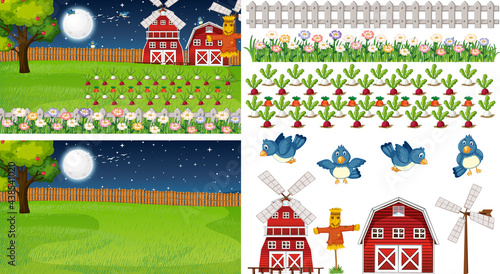 Farm element set isolated with farm scene