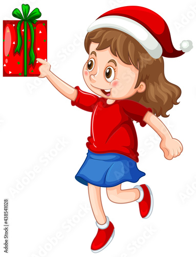 Cute girl wearing Christmas hat and holding a gift box on white background
