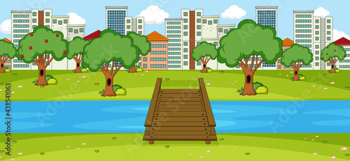 Horizontal scene with park and cityscape background