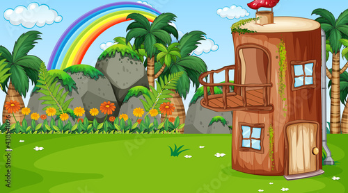 Nature landscape scene background with fantasy log house