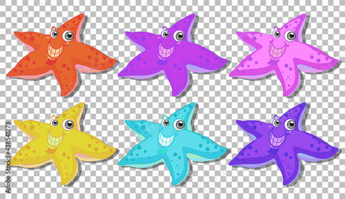 Set of many smiling starfish cartoon character isolated on transparent backgr...